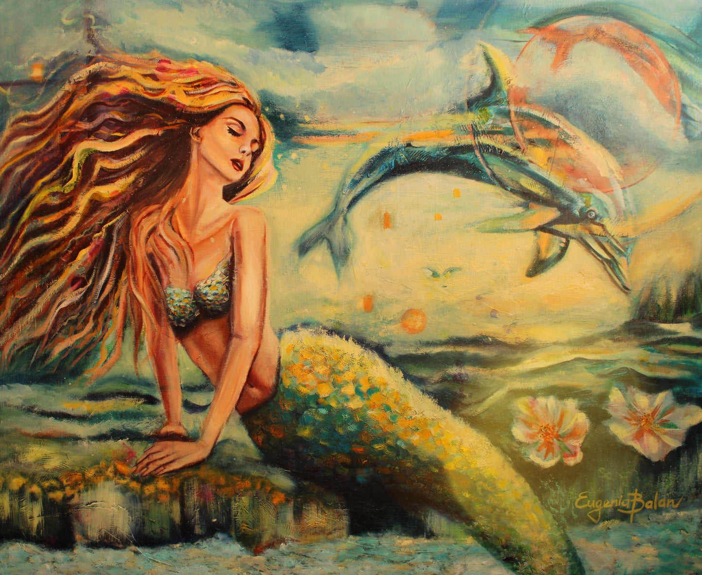 A vibrant oil painting on canvas depicting a mermaid seated with a fish beside her, set against a backdrop of swirling colors and light.